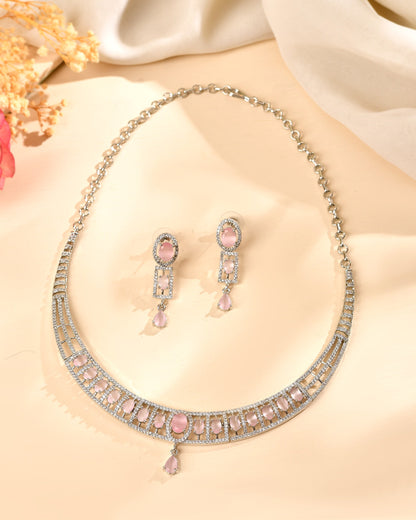 VOJ Silver Toned Baby Pink Cz Stone Studded Designer Necklace Set