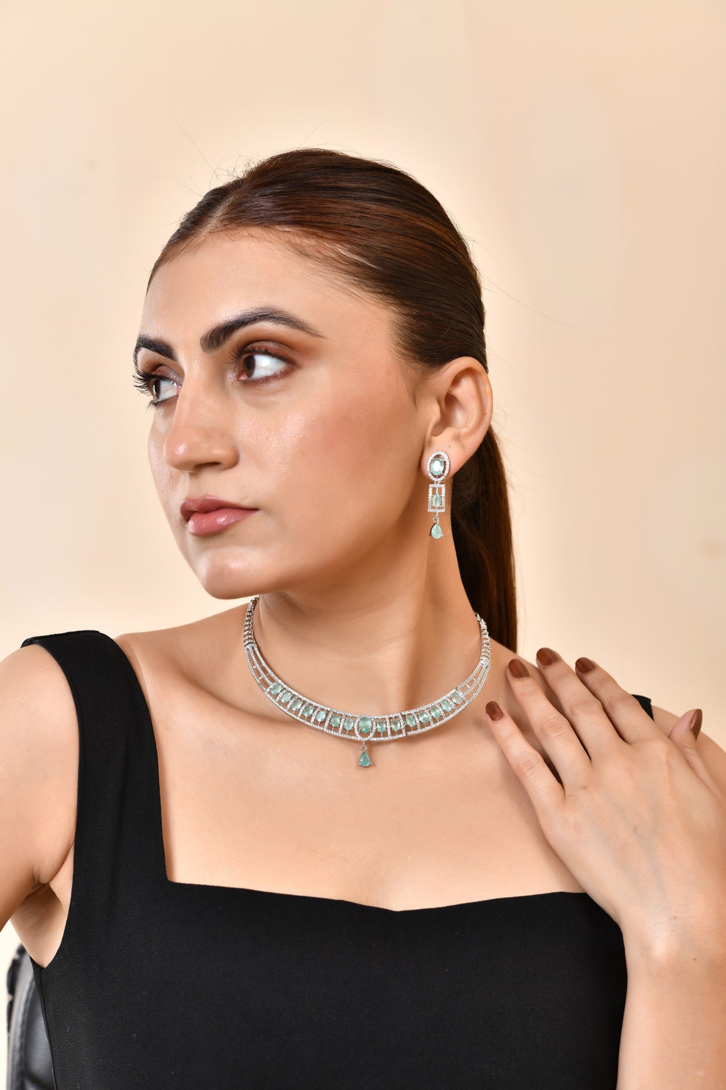 VOJ Silver Toned Cz Stone Studded Designer Necklace Set