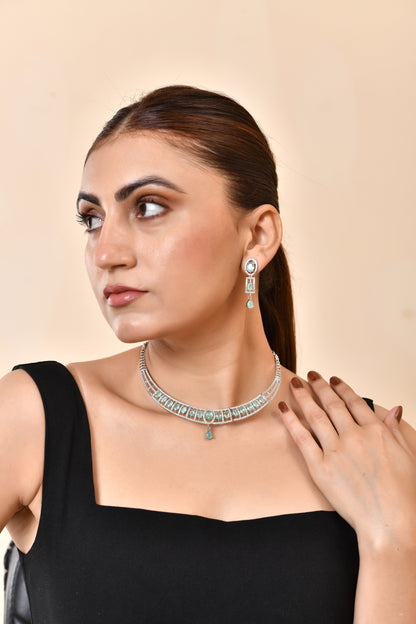 VOJ Silver Toned Cz Stone Studded Designer Necklace Set