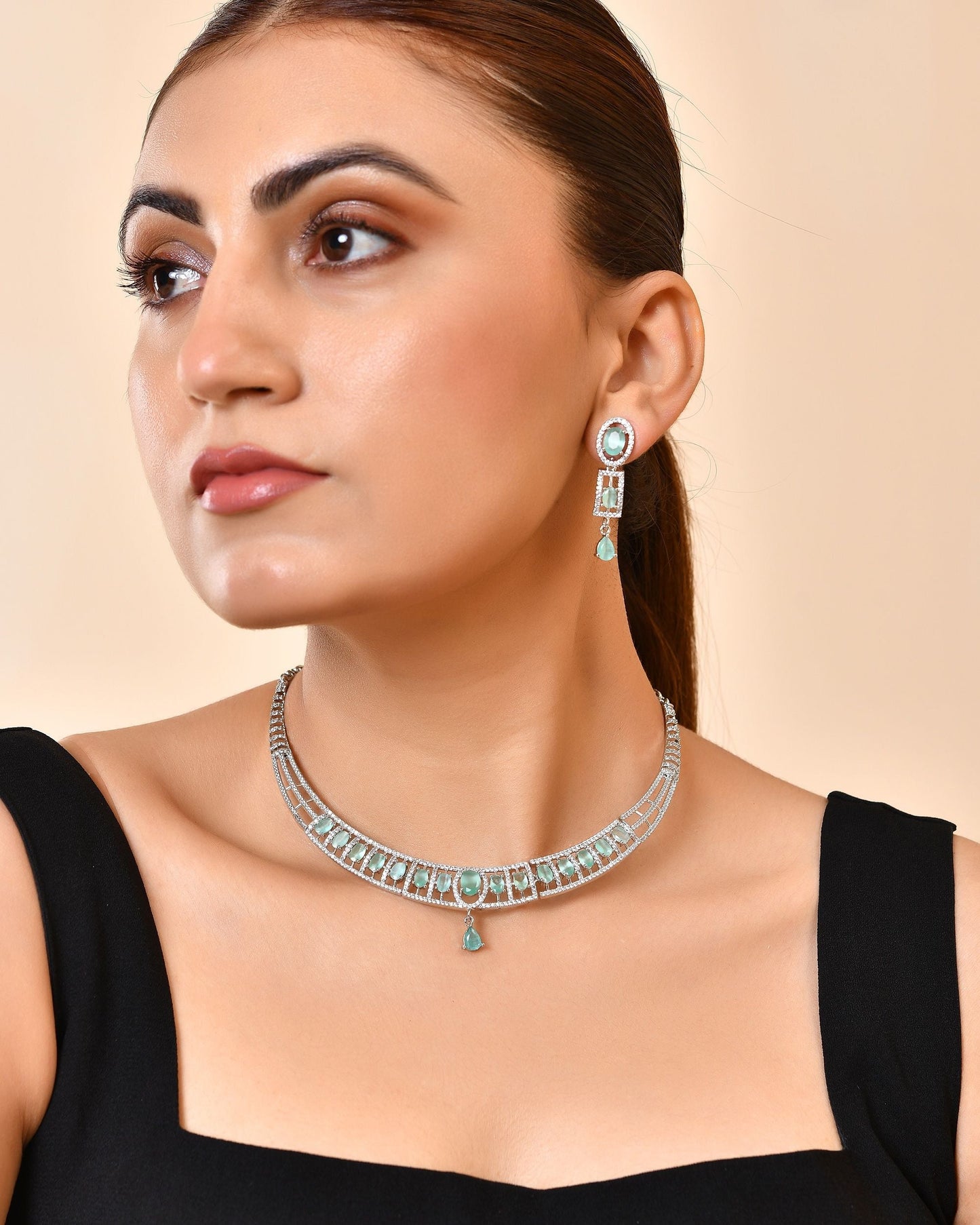 VOJ Silver Toned Cz Stone Studded Designer Necklace Set