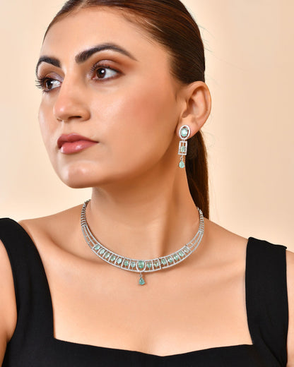 VOJ Silver Toned Cz Stone Studded Designer Necklace Set