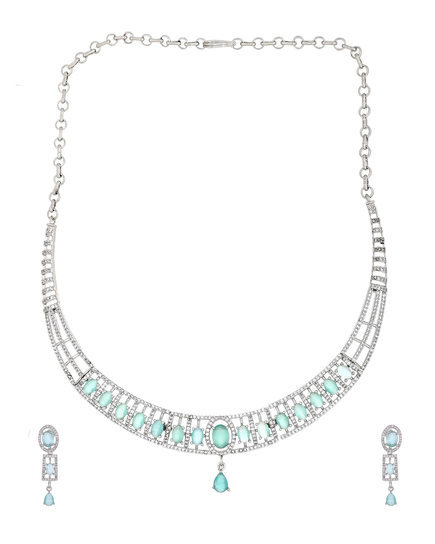 VOJ Silver Toned Cz Stone Studded Designer Necklace Set