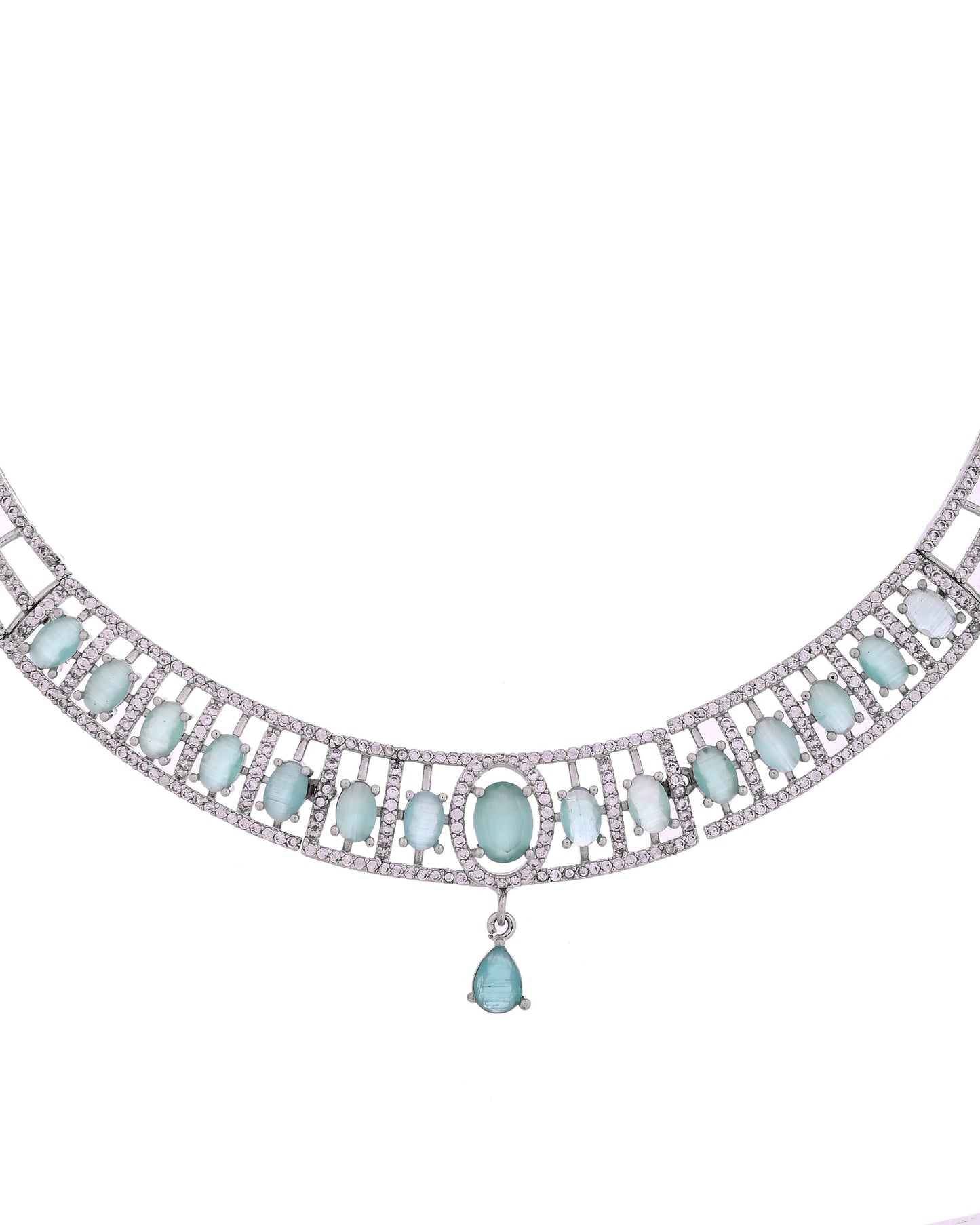 VOJ Silver Toned Cz Stone Studded Designer Necklace Set