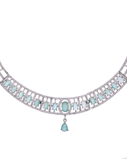 VOJ Silver Toned Cz Stone Studded Designer Necklace Set