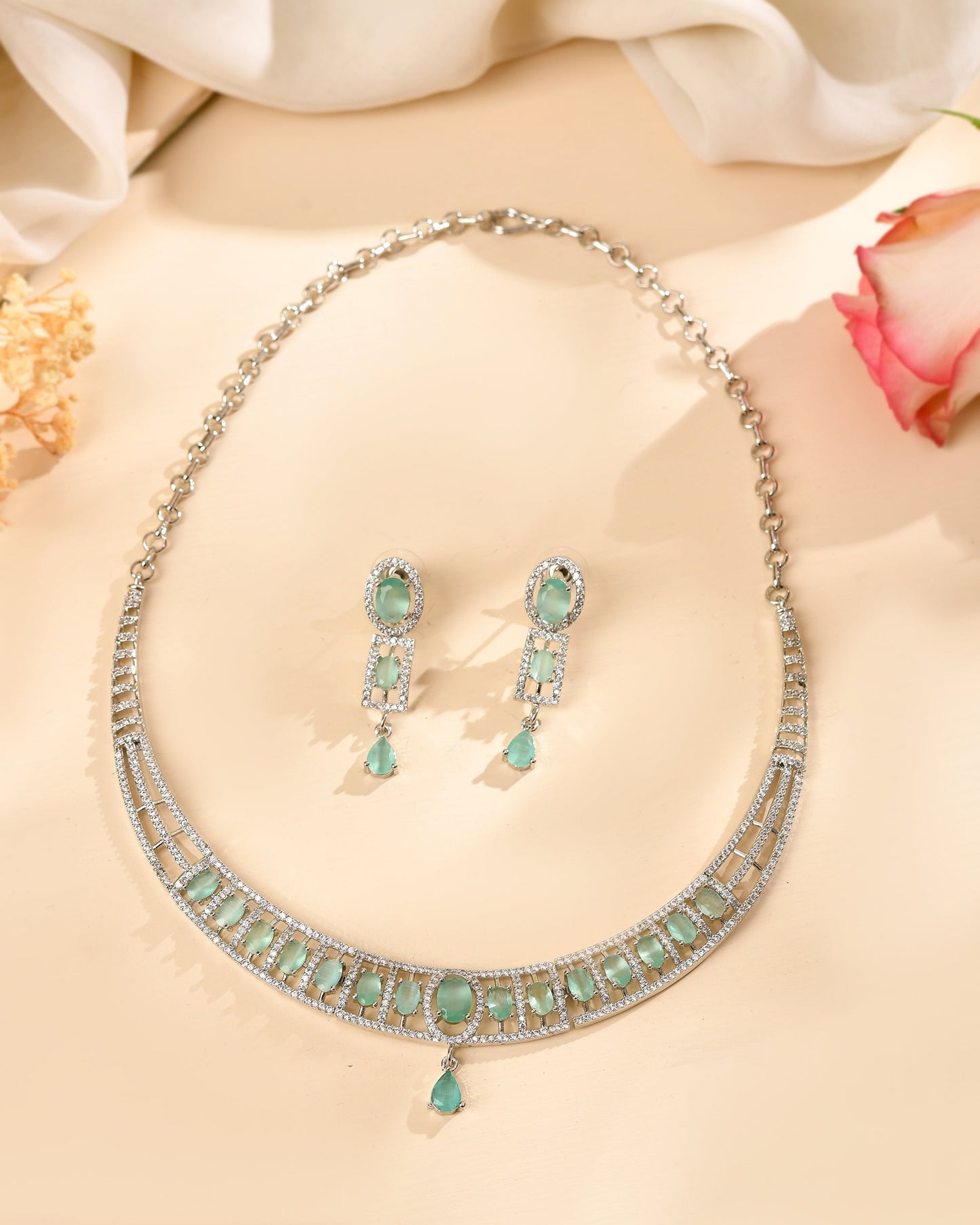 VOJ Silver Toned Cz Stone Studded Designer Necklace Set