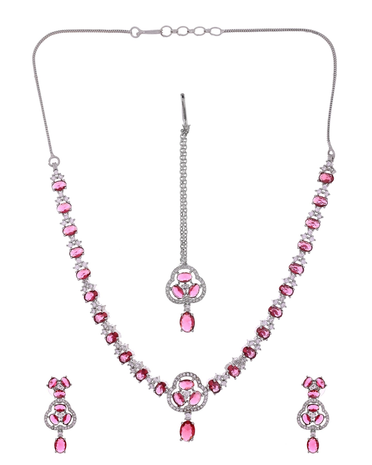 VOJ Silver Plated Ruby Red Stone Studded Ad Jewellery Set With Maang Tikka