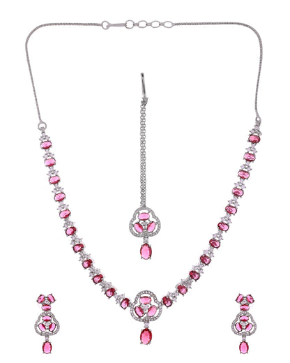 VOJ Silver Plated Ruby Red Stone Studded Ad Jewellery Set With Maang Tikka