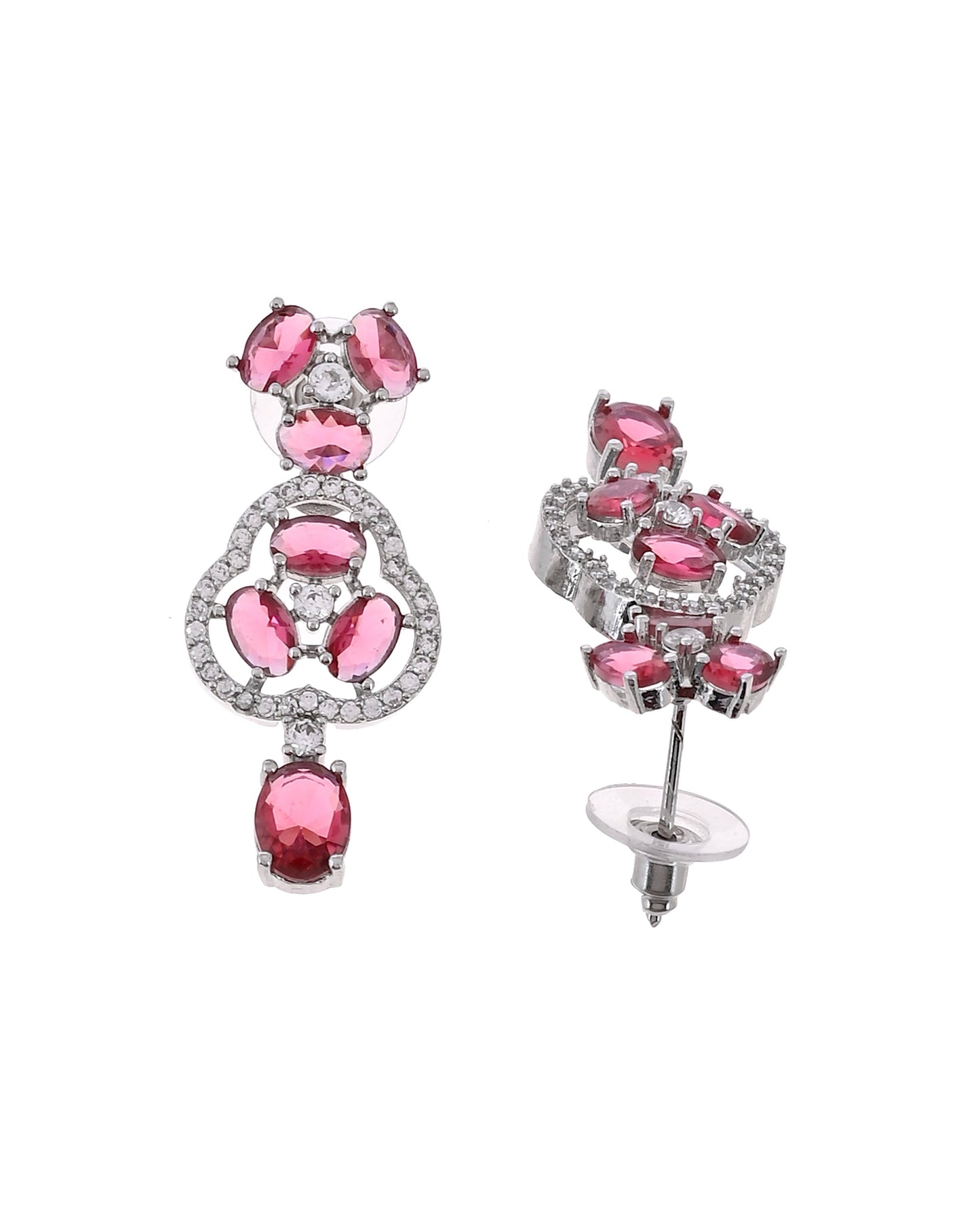 VOJ Silver Plated Ruby Red Stone Studded Ad Jewellery Set With Maang Tikka