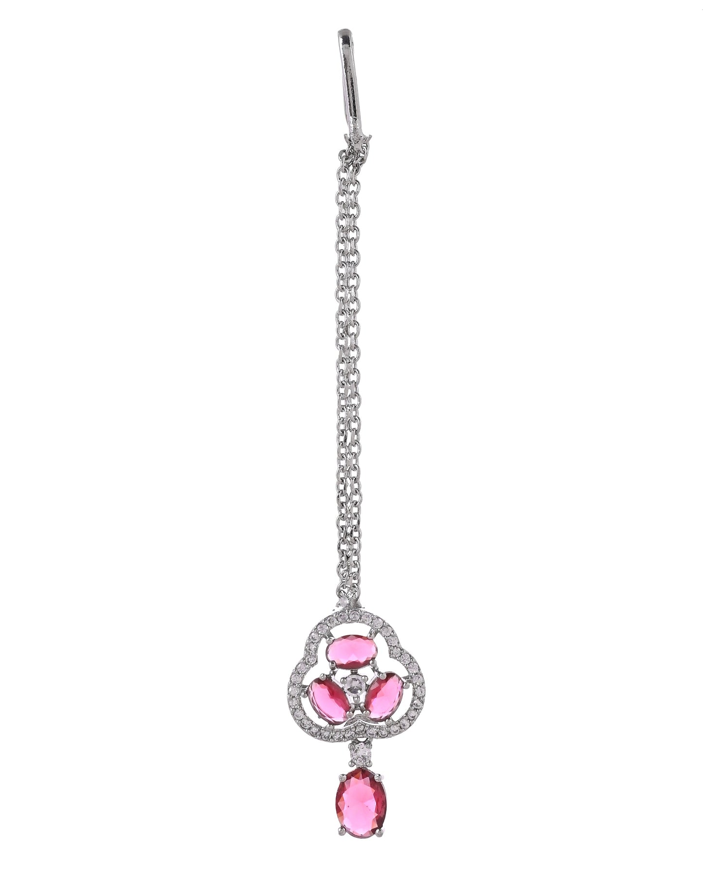 VOJ Silver Plated Ruby Red Stone Studded Ad Jewellery Set With Maang Tikka