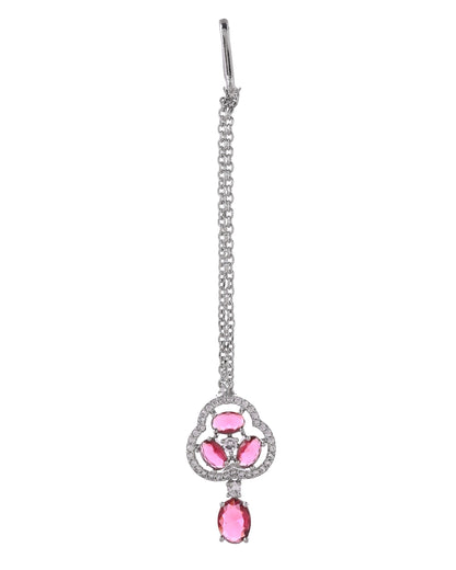 VOJ Silver Plated Ruby Red Stone Studded Ad Jewellery Set With Maang Tikka