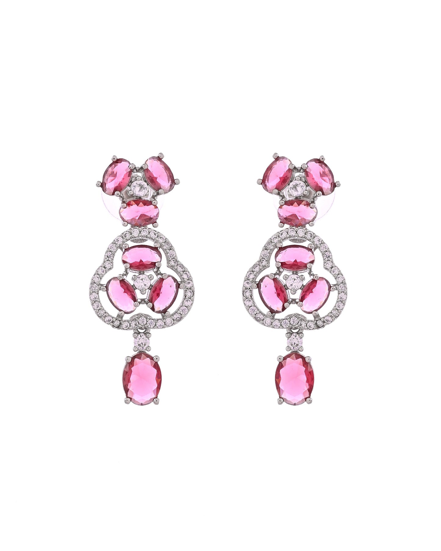 VOJ Silver Plated Ruby Red Stone Studded Ad Jewellery Set With Maang Tikka