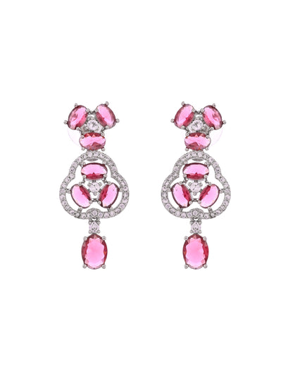 VOJ Silver Plated Ruby Red Stone Studded Ad Jewellery Set With Maang Tikka