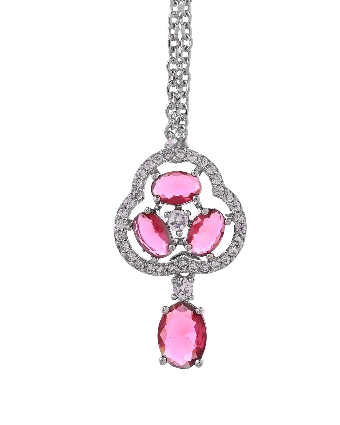 VOJ Silver Plated Ruby Red Stone Studded Ad Jewellery Set With Maang Tikka