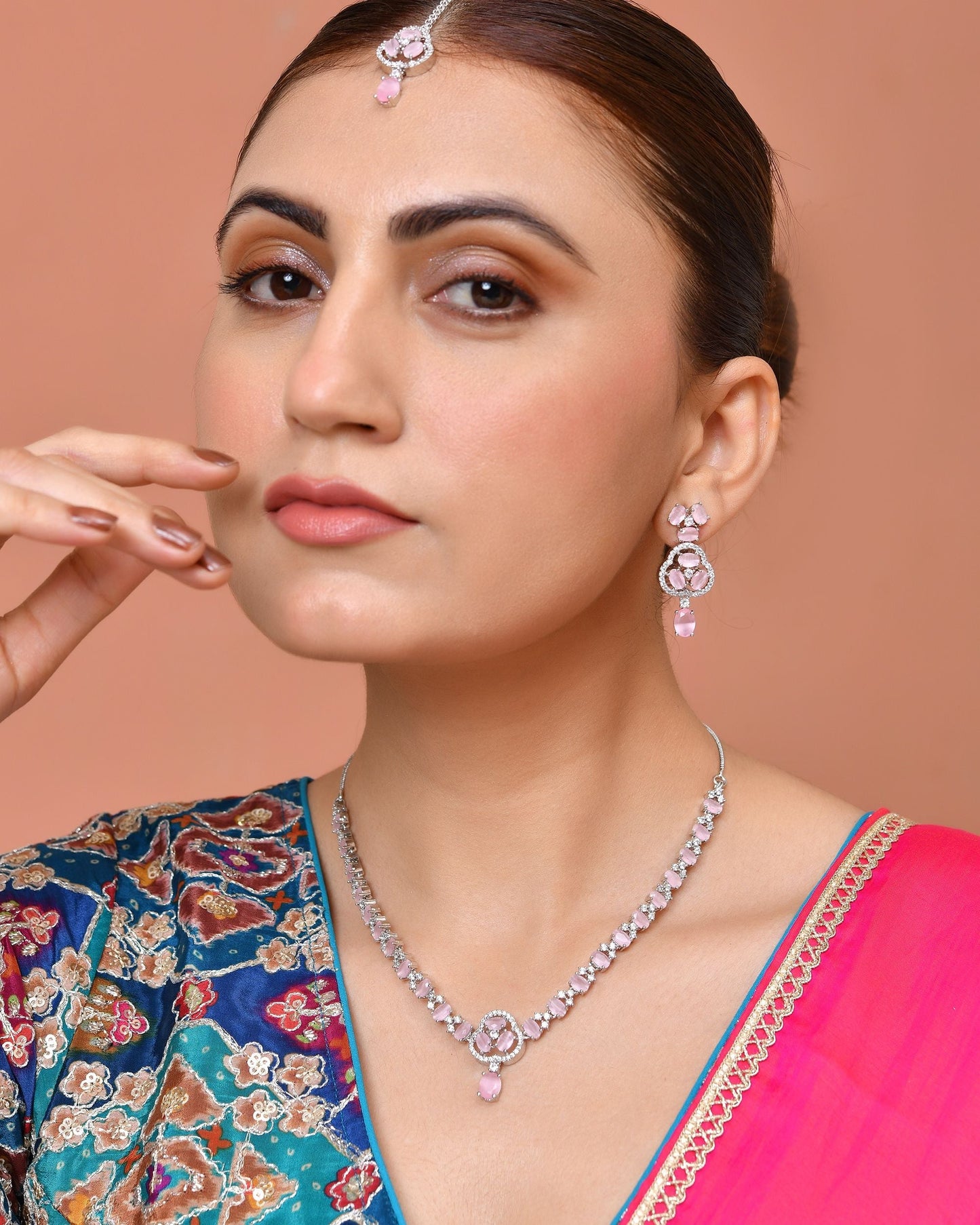 VOJ Silver Plated Baby Pink Stone Studded Ad Jewellery Set With Maang Tikka