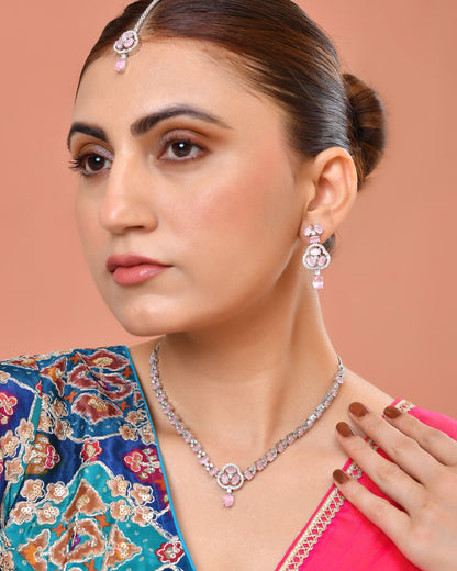 VOJ Silver Plated Baby Pink Stone Studded Ad Jewellery Set With Maang Tikka