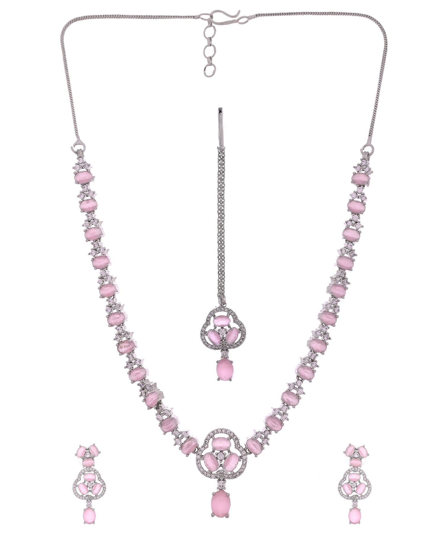 VOJ Silver Plated Baby Pink Stone Studded Ad Jewellery Set With Maang Tikka