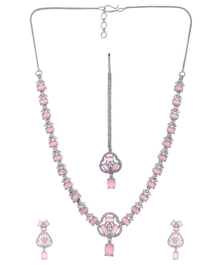 VOJ Silver Plated Baby Pink Stone Studded Ad Jewellery Set With Maang Tikka