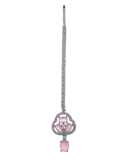 VOJ Silver Plated Baby Pink Stone Studded Ad Jewellery Set With Maang Tikka