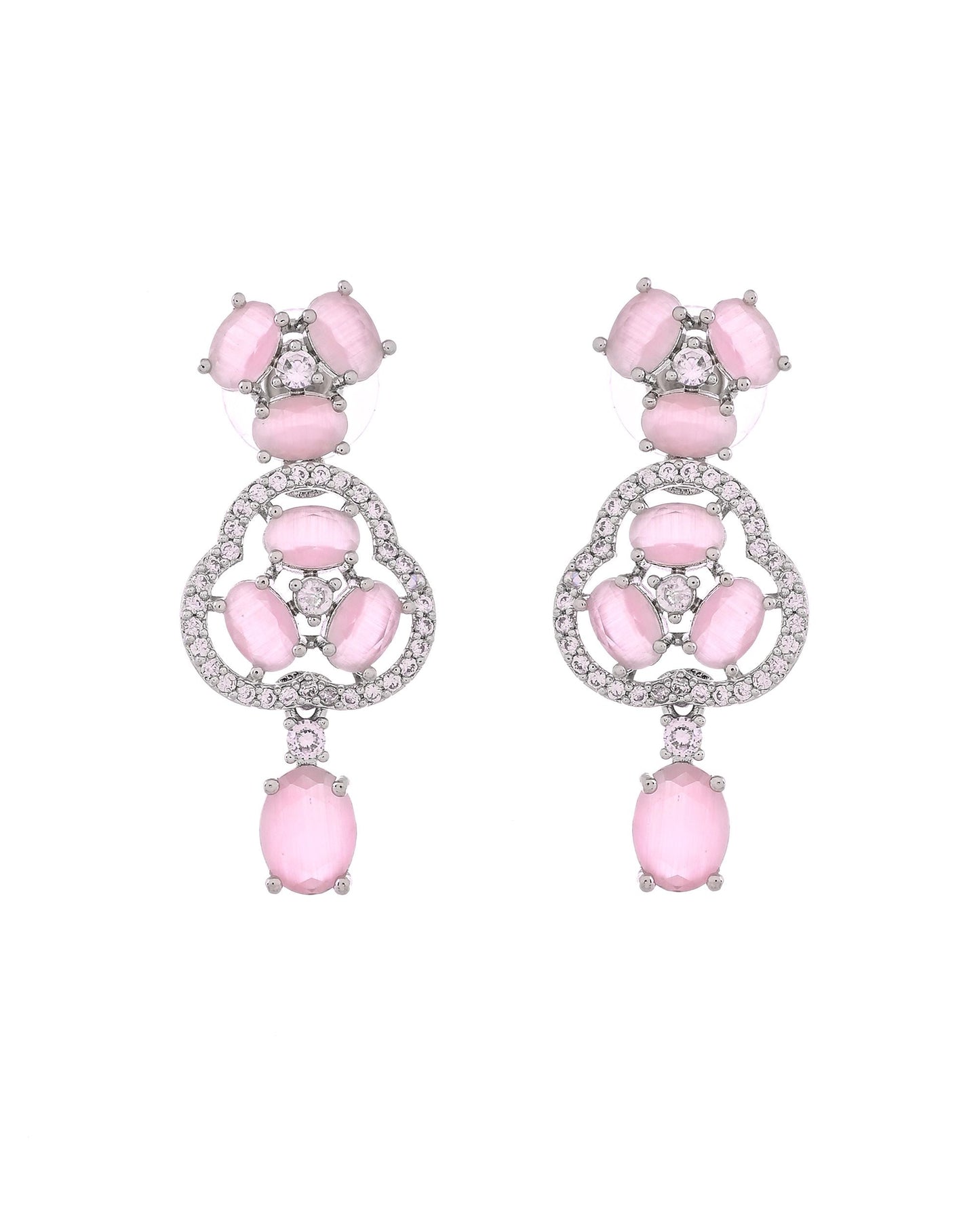 VOJ Silver Plated Baby Pink Stone Studded Ad Jewellery Set With Maang Tikka