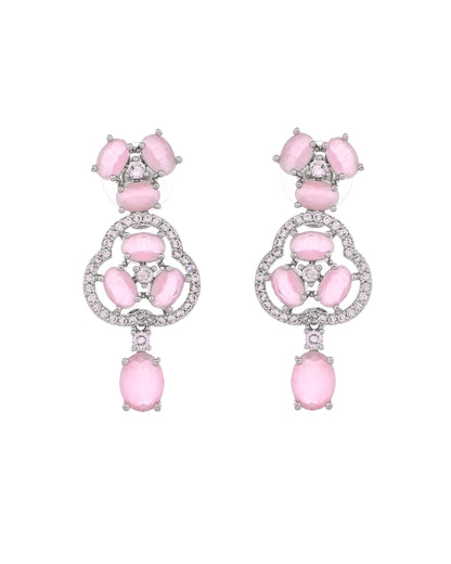 VOJ Silver Plated Baby Pink Stone Studded Ad Jewellery Set With Maang Tikka