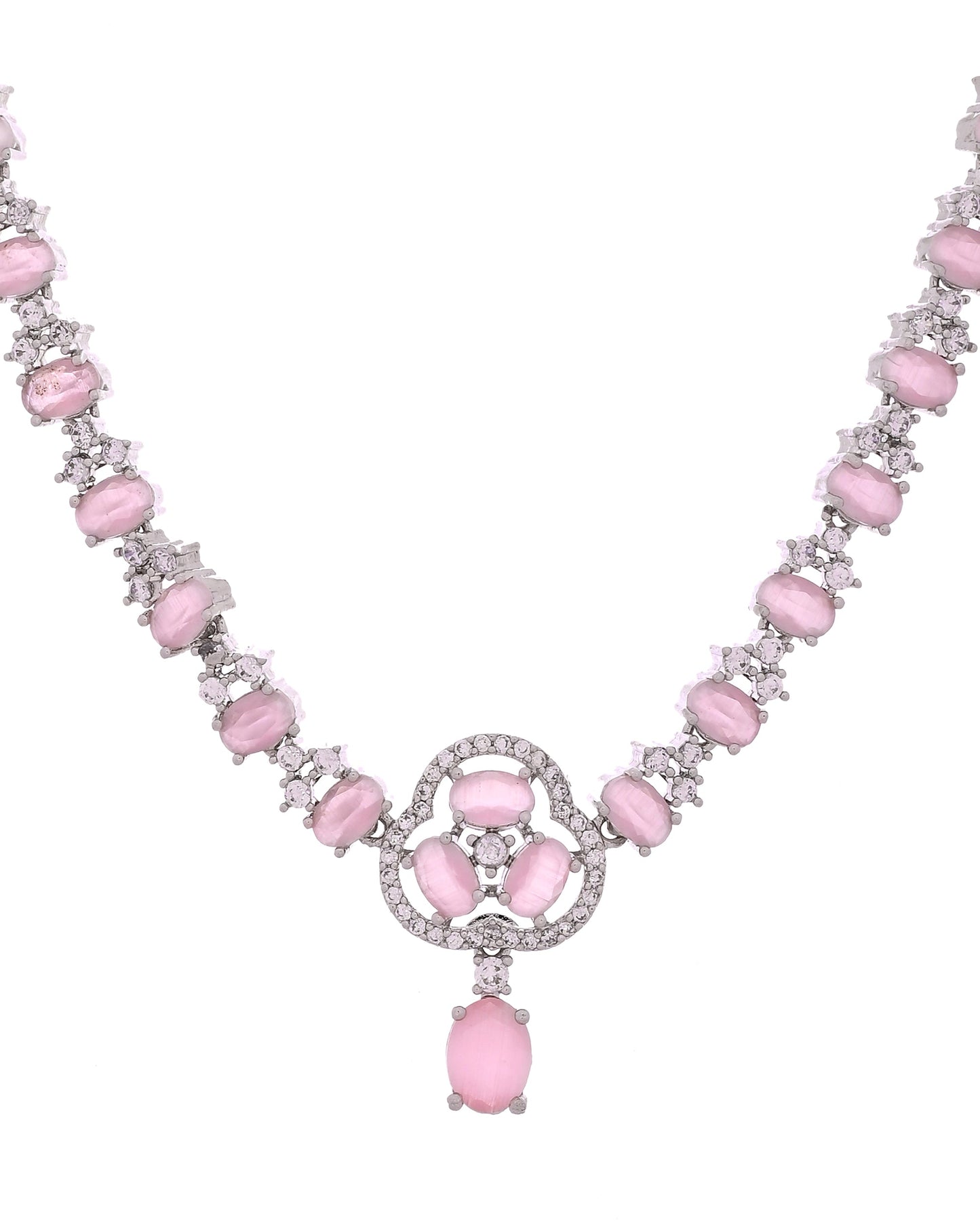 VOJ Silver Plated Baby Pink Stone Studded Ad Jewellery Set With Maang Tikka