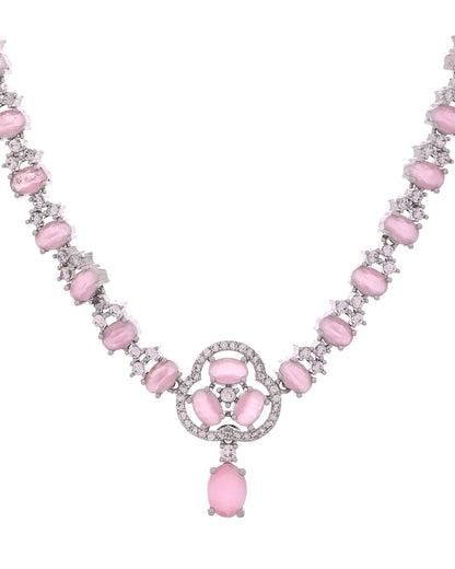 VOJ Silver Plated Baby Pink Stone Studded Ad Jewellery Set With Maang Tikka