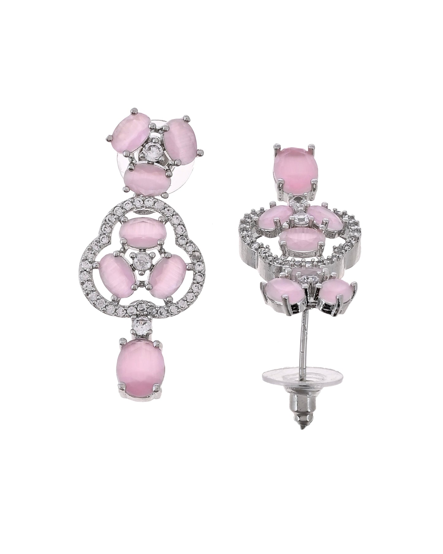 VOJ Silver Plated Baby Pink Stone Studded Ad Jewellery Set With Maang Tikka