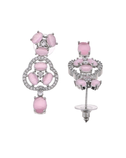 VOJ Silver Plated Baby Pink Stone Studded Ad Jewellery Set With Maang Tikka
