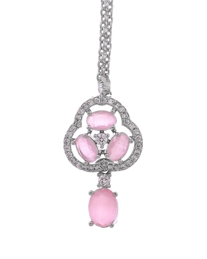 VOJ Silver Plated Baby Pink Stone Studded Ad Jewellery Set With Maang Tikka