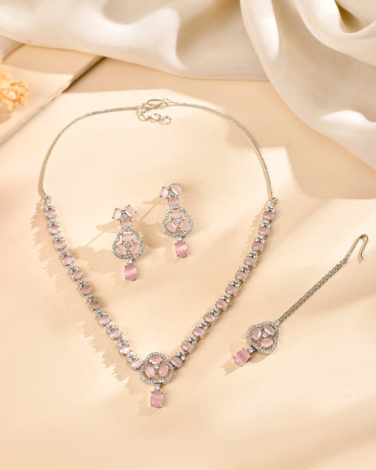 VOJ Silver Plated Baby Pink Stone Studded Ad Jewellery Set With Maang Tikka
