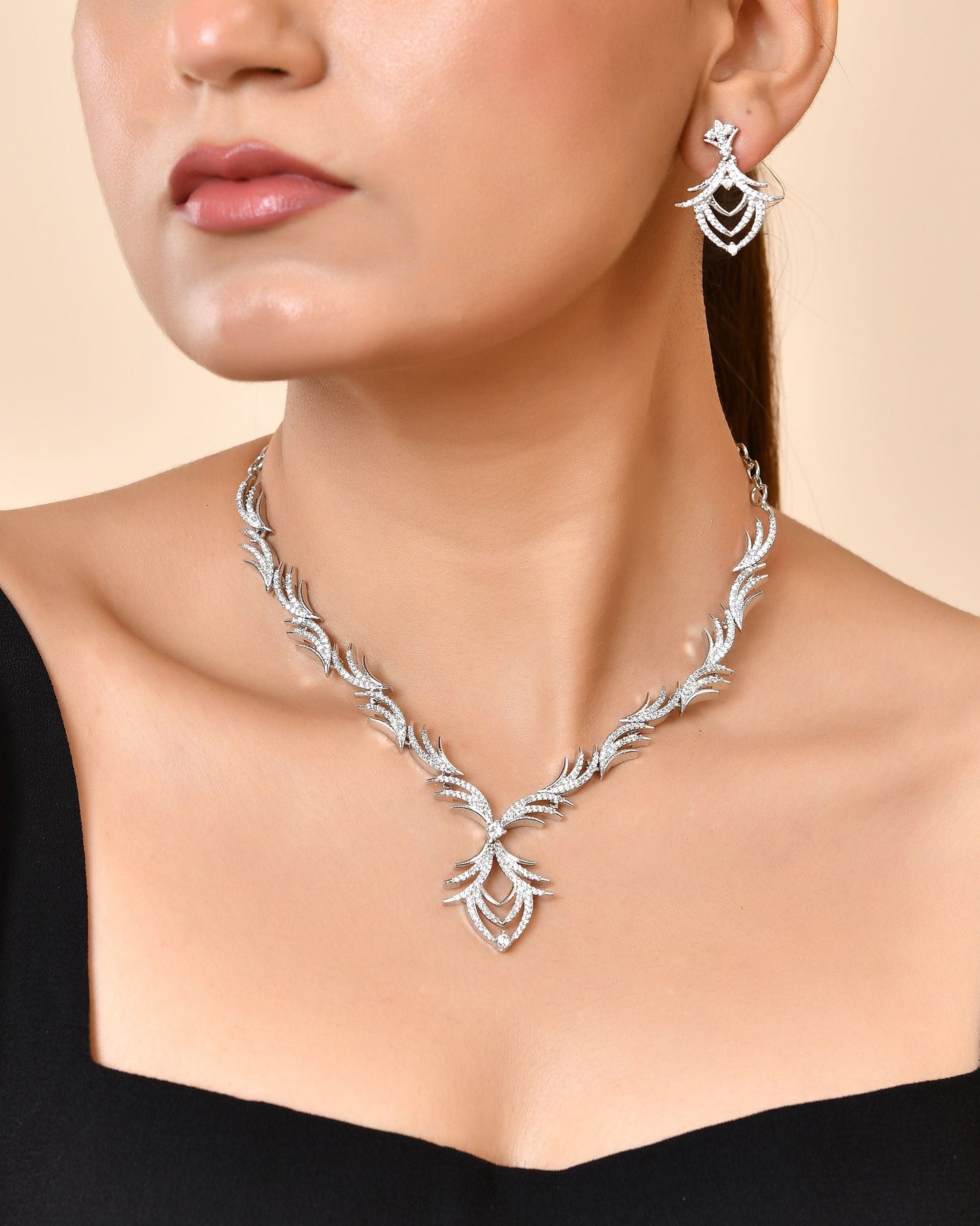 VOJ Silver Plated Cz Stone Studded Designer Elegant Necklace Set
