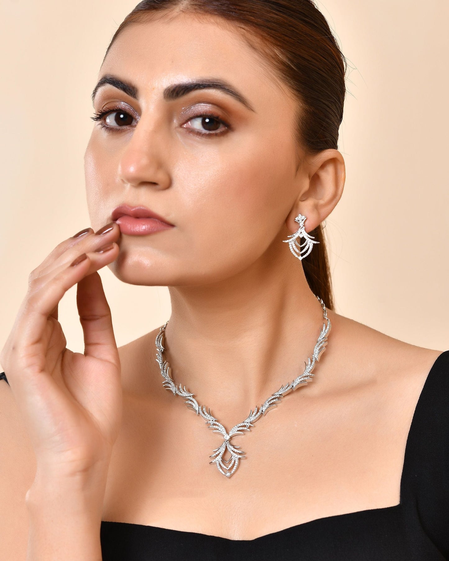 VOJ Silver Plated Cz Stone Studded Designer Elegant Necklace Set