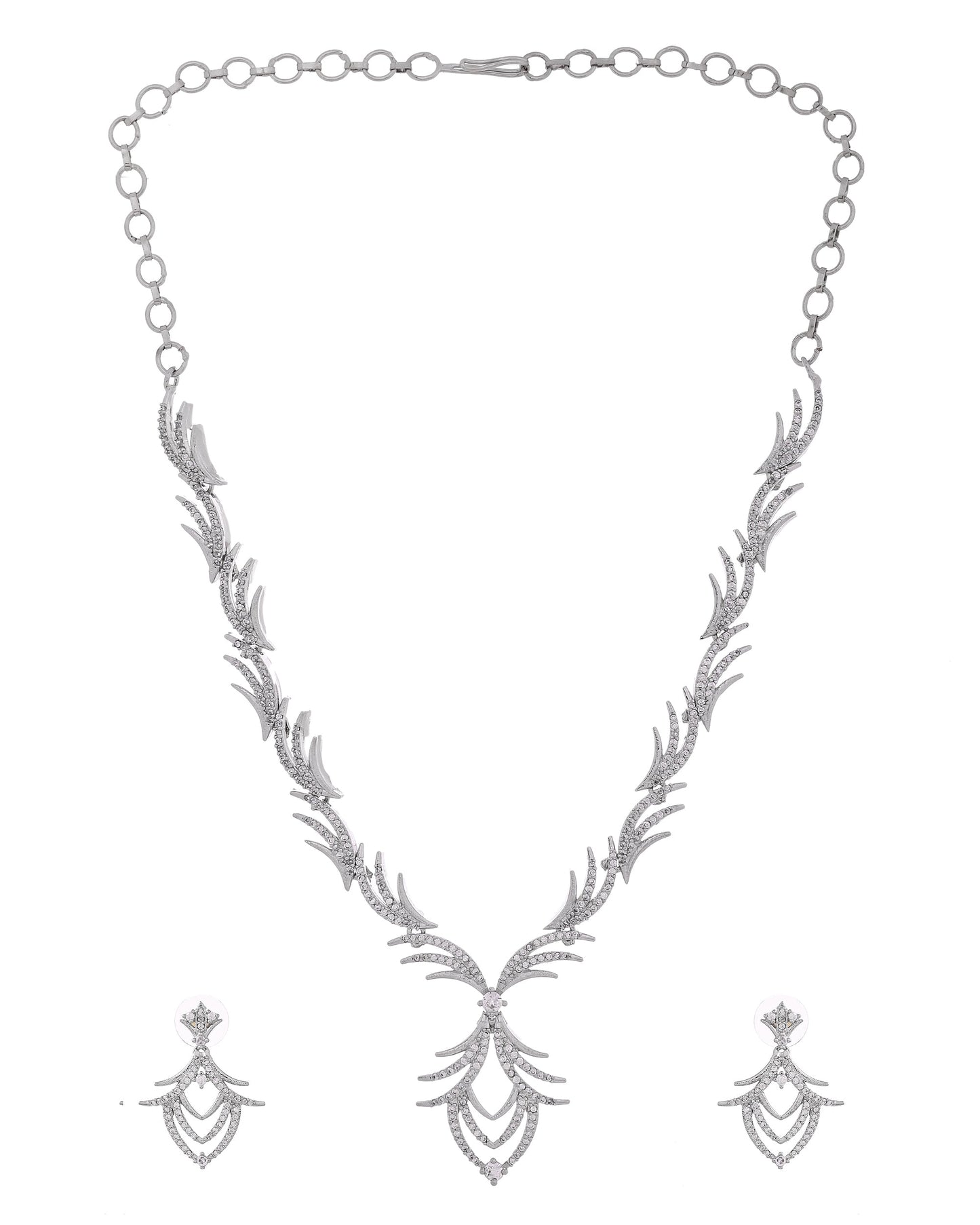 VOJ Silver Plated Cz Stone Studded Designer Elegant Necklace Set