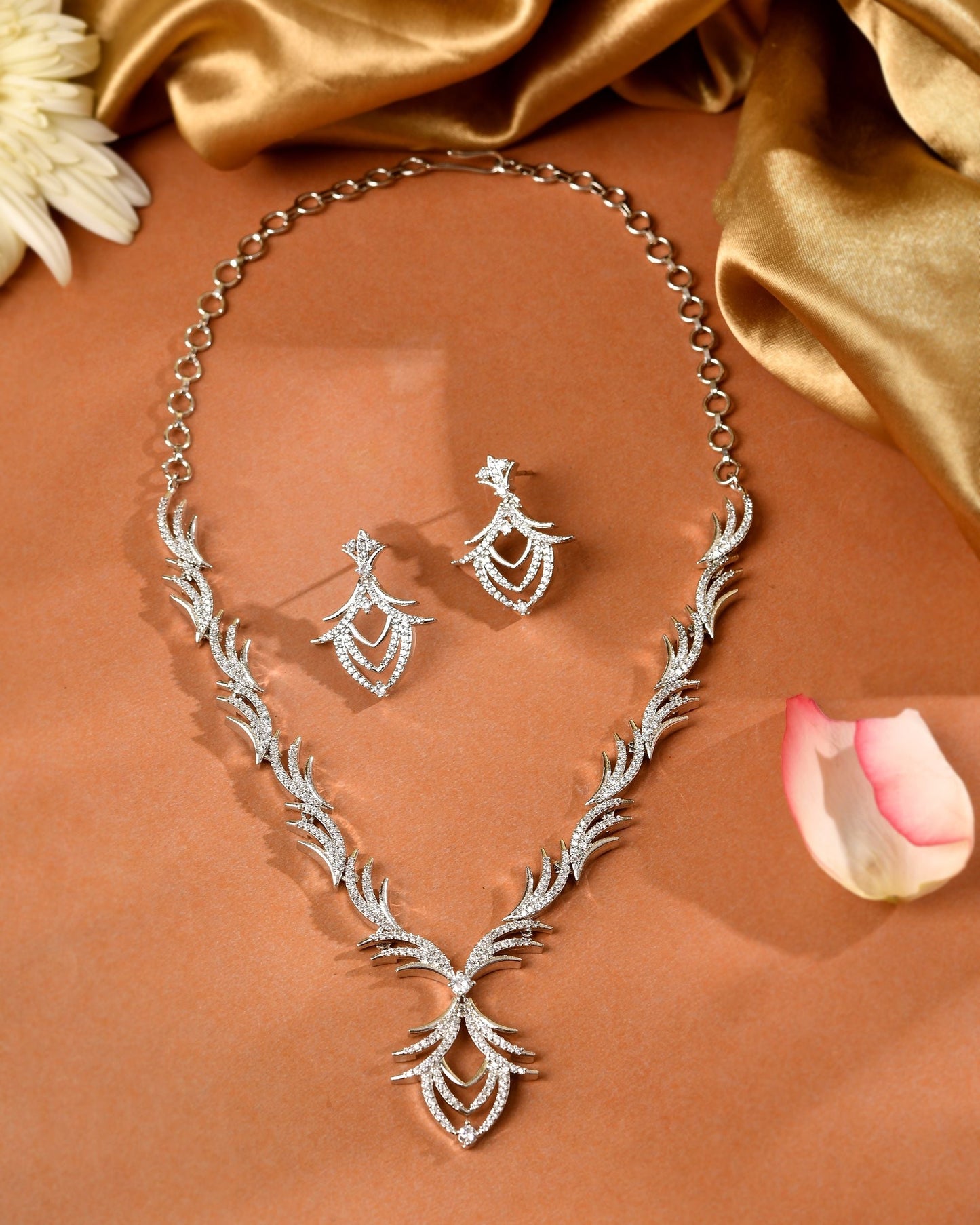 VOJ Silver Plated Cz Stone Studded Designer Elegant Necklace Set