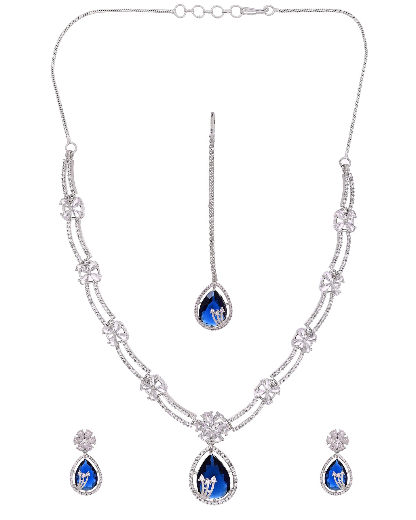 VOJ Silver Plated Blue Tear Drop Shaped Stone And Ad Stone Jewellery Set With Maang Tikka