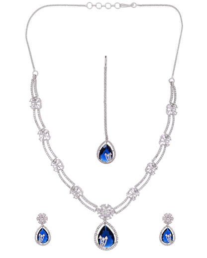 VOJ Silver Plated Blue Tear Drop Shaped Stone And Ad Stone Jewellery Set With Maang Tikka