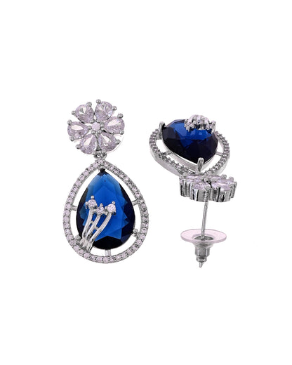 VOJ Silver Plated Blue Tear Drop Shaped Stone And Ad Stone Jewellery Set With Maang Tikka