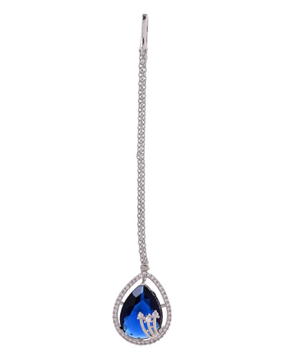 VOJ Silver Plated Blue Tear Drop Shaped Stone And Ad Stone Jewellery Set With Maang Tikka
