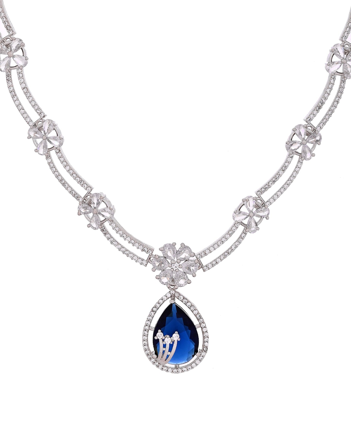 VOJ Silver Plated Blue Tear Drop Shaped Stone And Ad Stone Jewellery Set With Maang Tikka