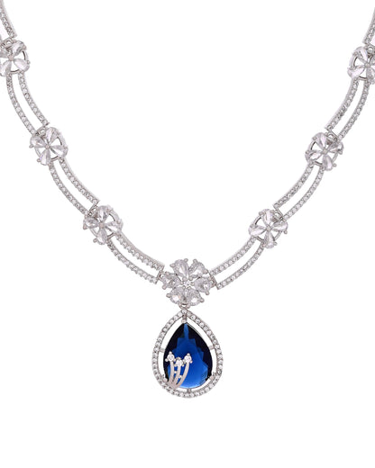 VOJ Silver Plated Blue Tear Drop Shaped Stone And Ad Stone Jewellery Set With Maang Tikka
