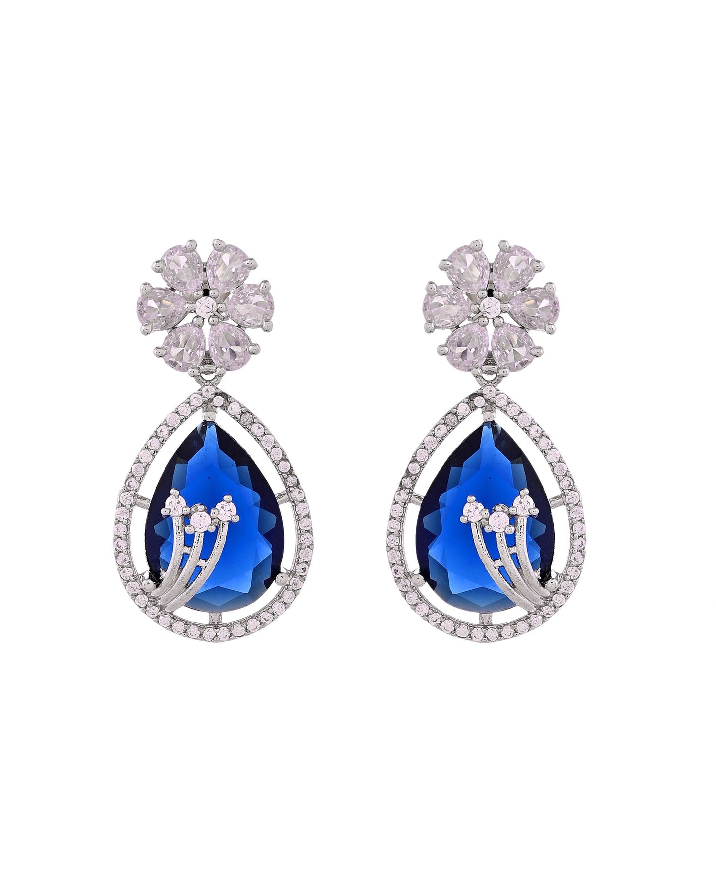 VOJ Silver Plated Blue Tear Drop Shaped Stone And Ad Stone Jewellery Set With Maang Tikka