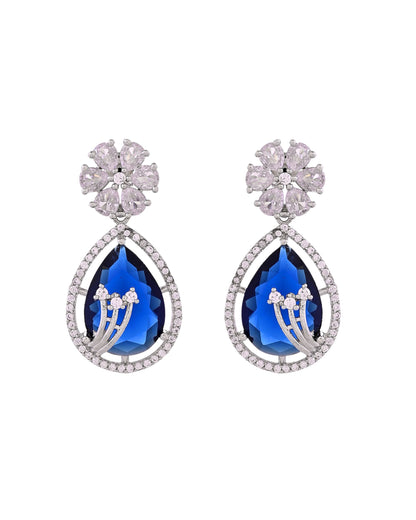VOJ Silver Plated Blue Tear Drop Shaped Stone And Ad Stone Jewellery Set With Maang Tikka