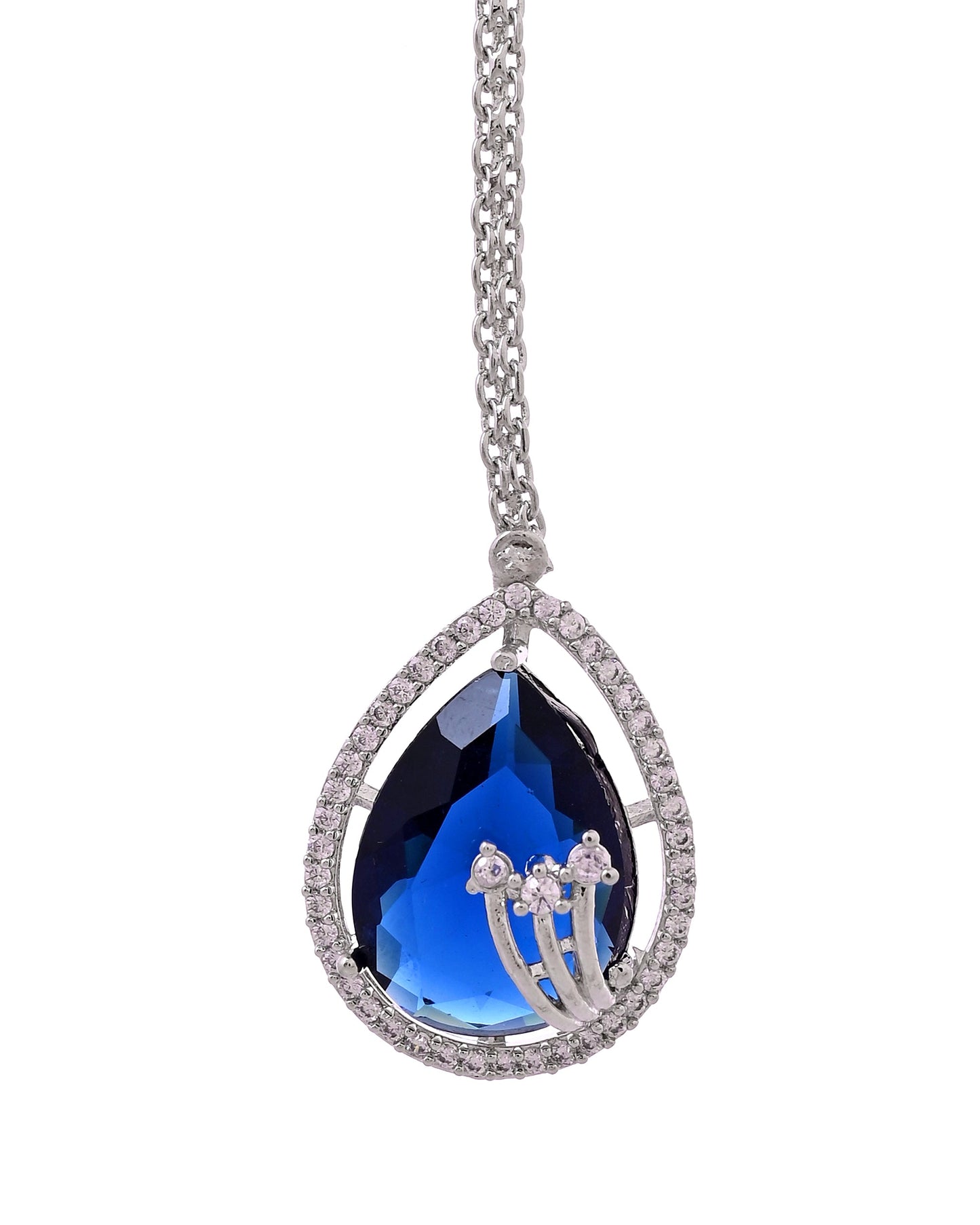 VOJ Silver Plated Blue Tear Drop Shaped Stone And Ad Stone Jewellery Set With Maang Tikka