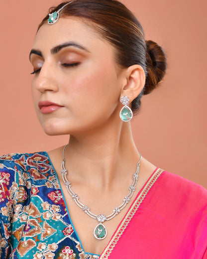 VOJ Silver Plated Teal Green Teardrop Shaped Stone And Ad Stone Jewellery Set With Maang Tikka