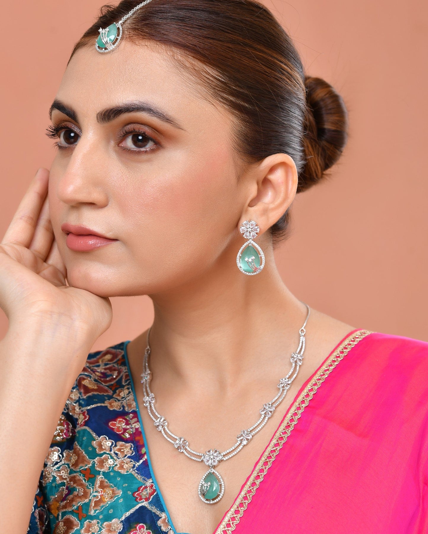 VOJ Silver Plated Teal Green Teardrop Shaped Stone And Ad Stone Jewellery Set With Maang Tikka