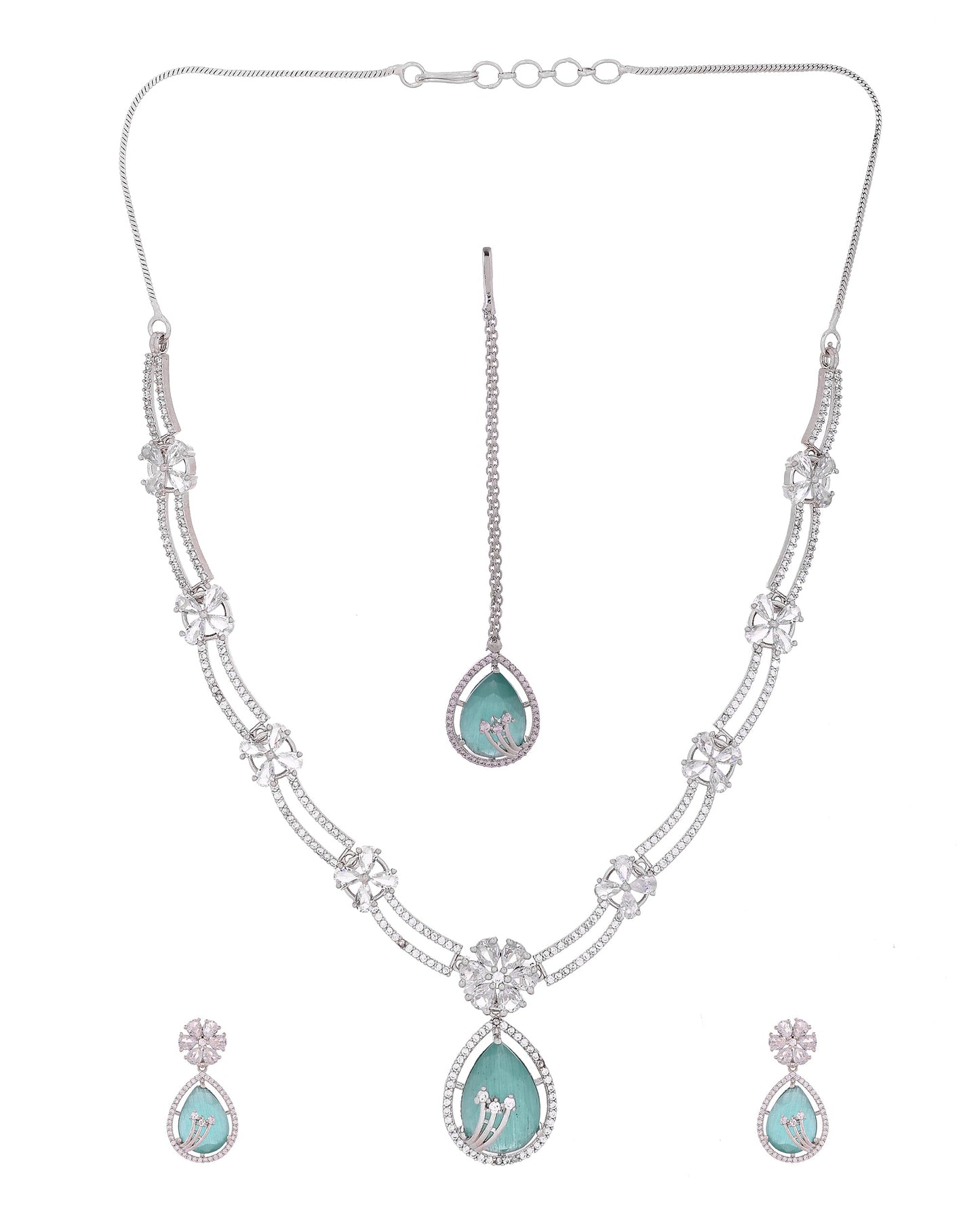 VOJ Silver Plated Teal Green Teardrop Shaped Stone And Ad Stone Jewellery Set With Maang Tikka