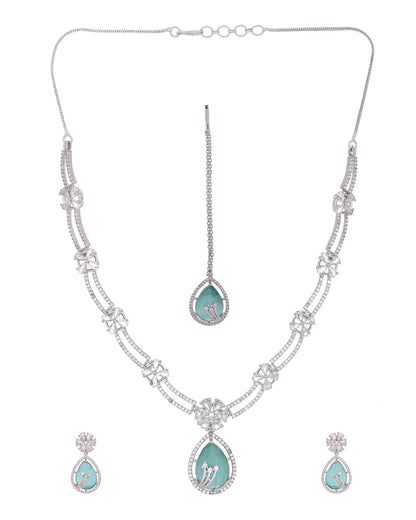 VOJ Silver Plated Teal Green Teardrop Shaped Stone And Ad Stone Jewellery Set With Maang Tikka
