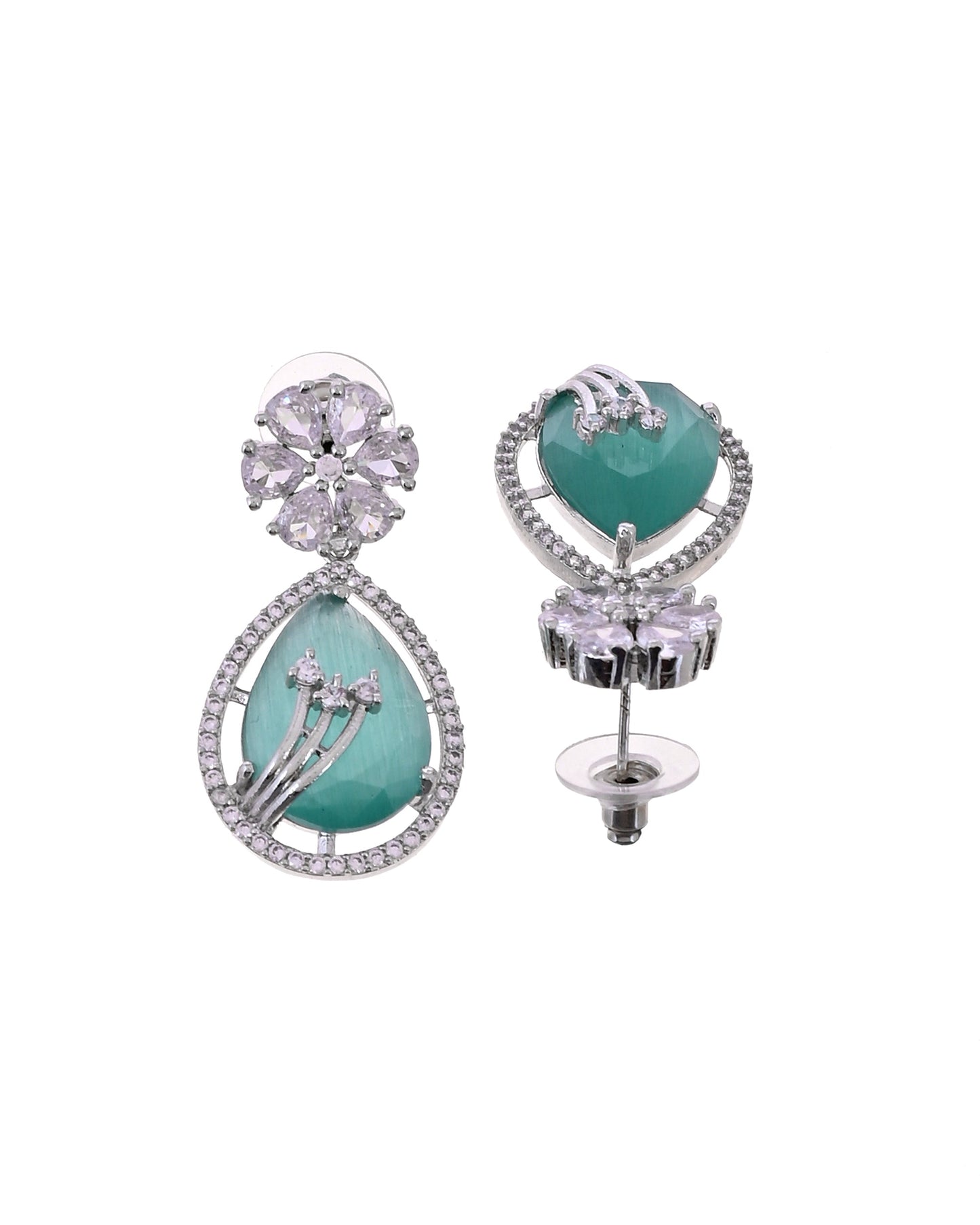 VOJ Silver Plated Teal Green Teardrop Shaped Stone And Ad Stone Jewellery Set With Maang Tikka