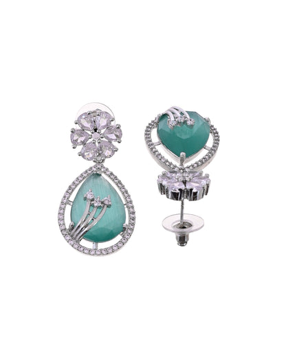 VOJ Silver Plated Teal Green Teardrop Shaped Stone And Ad Stone Jewellery Set With Maang Tikka
