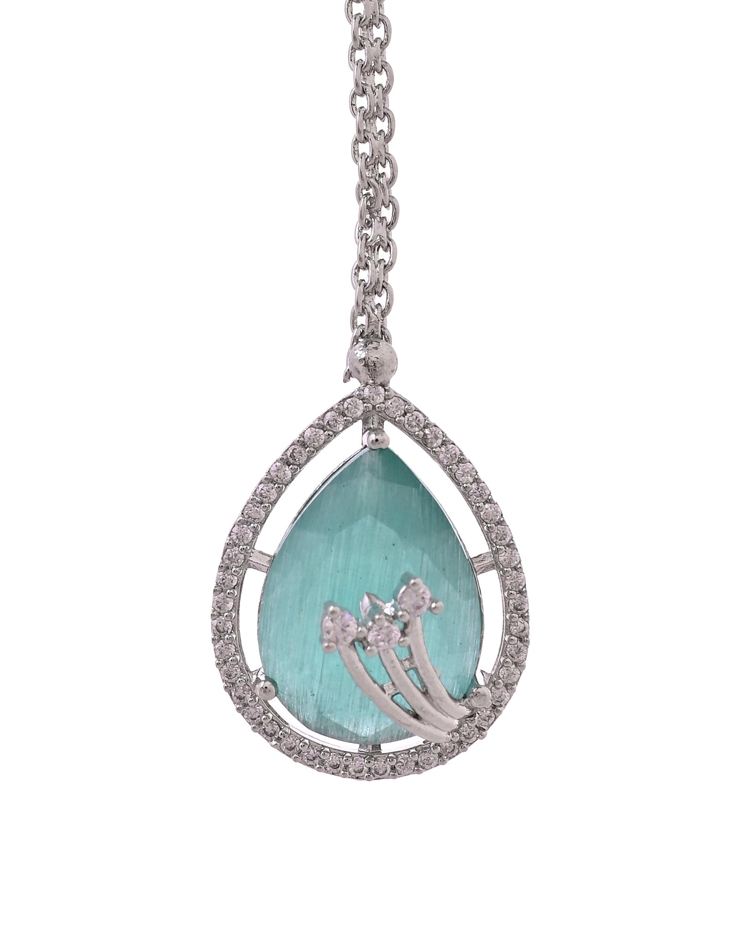 VOJ Silver Plated Teal Green Teardrop Shaped Stone And Ad Stone Jewellery Set With Maang Tikka